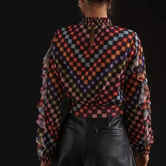 Anthropologie Farm Rio Checked High Neck Blouse - Picture 2 of 4